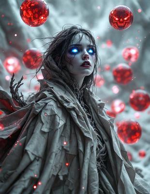 The primary subject of the image is a woman with blue eyes, wearing a white dress and a hood. She is standing in front of a backdrop of red balls, which are scattered throughout the scene. The visual style of the image is a combination of photo and digital art, creating a unique and intriguing atmosphere. The colors and mood of the image are predominantly white and red, with the red balls adding a bold and vibrant touch to the overall scene.